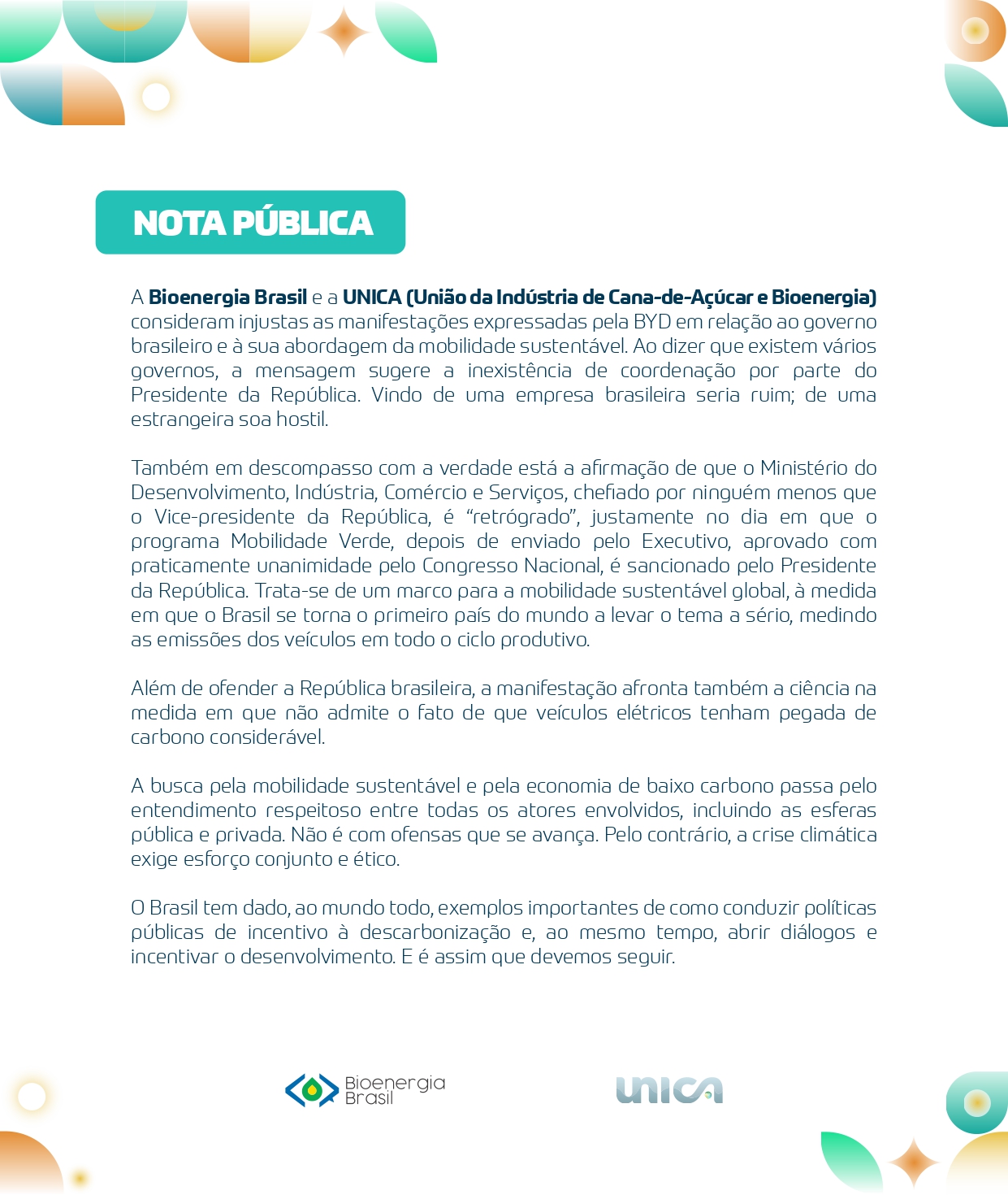 Nota pública conjunta - Bioenergia Brasil e UNICA