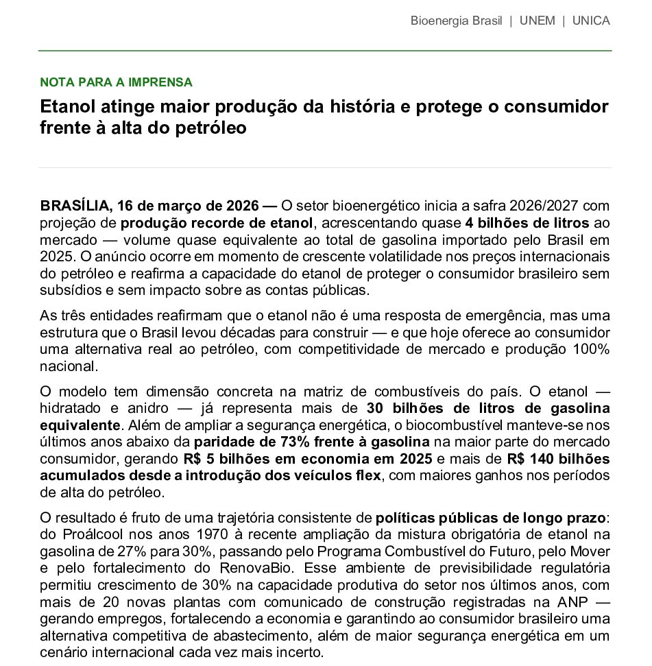 Etanol atinge maior produção da história e protege o consumidor frente à alta do petróleo